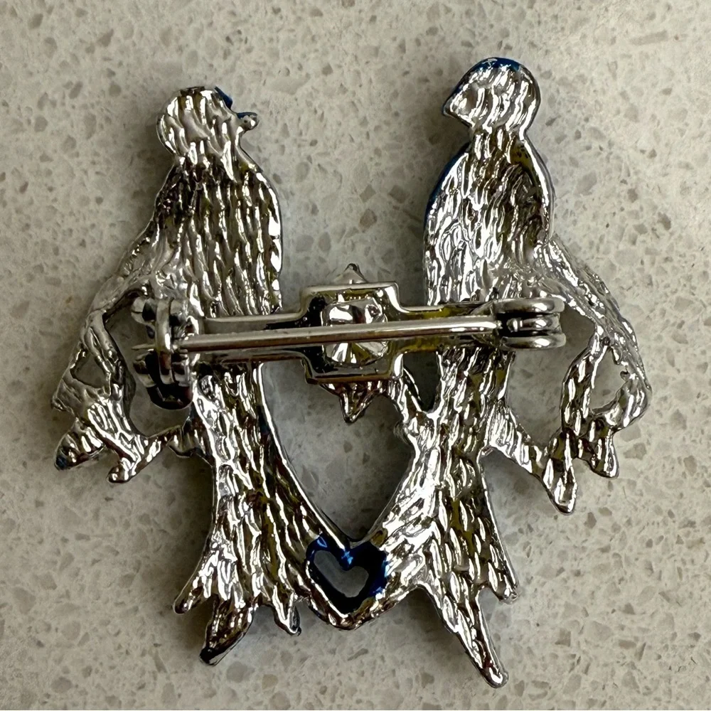 Vintage Blue Lovebirds Brooch Pin Silver Tone Enamel - Picture 4 of 7